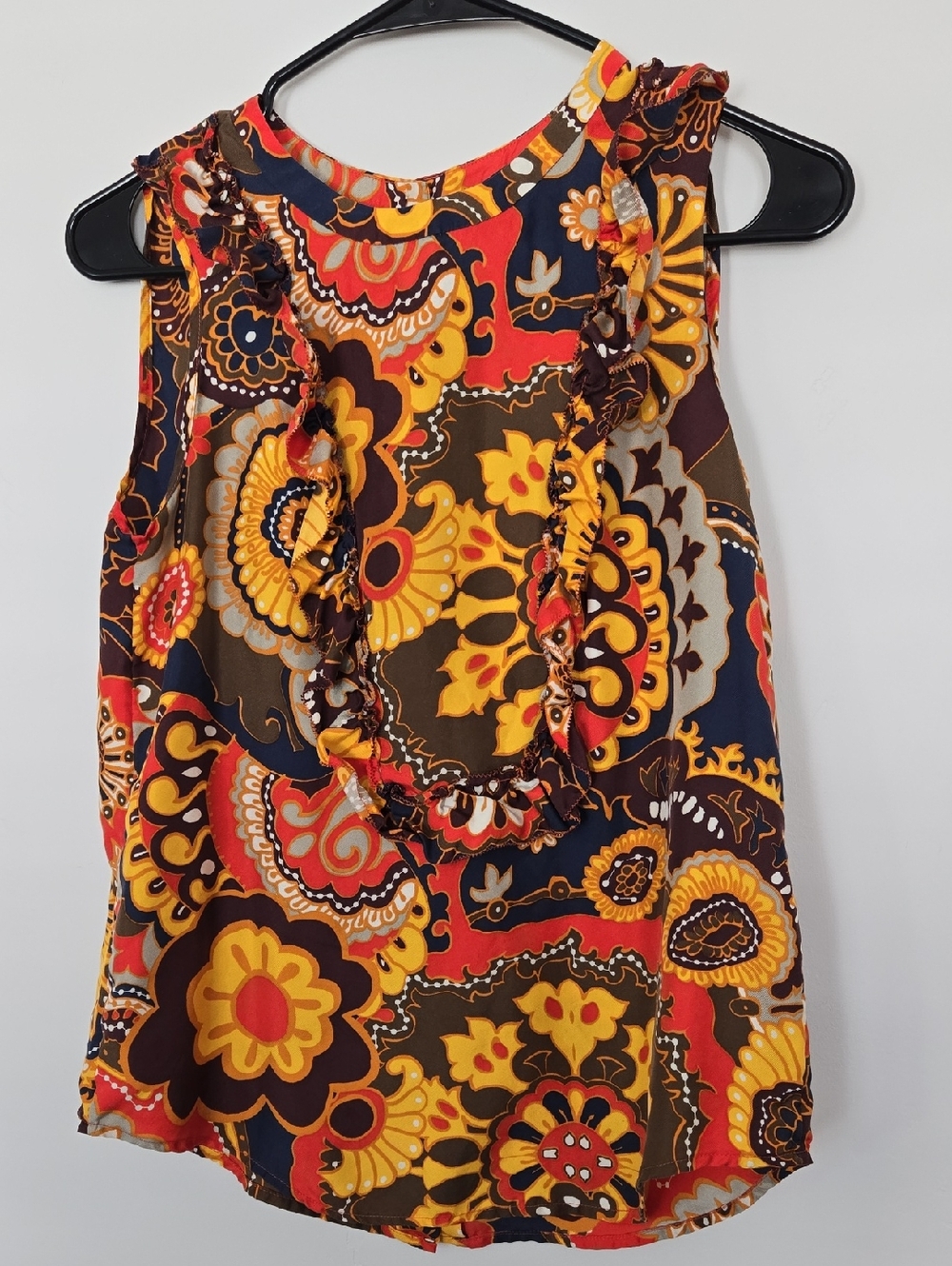 J. Crew Floral Paisley Ruffle Camisole - Yellow, Red, Brown, Navy
